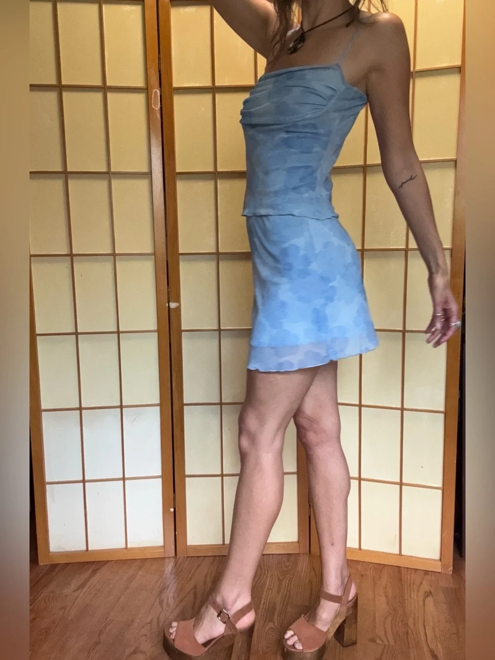See You Monday Y2K Blue Floral Mesh Cami & Mini Skirt Set 2 Piece Coquette S/M